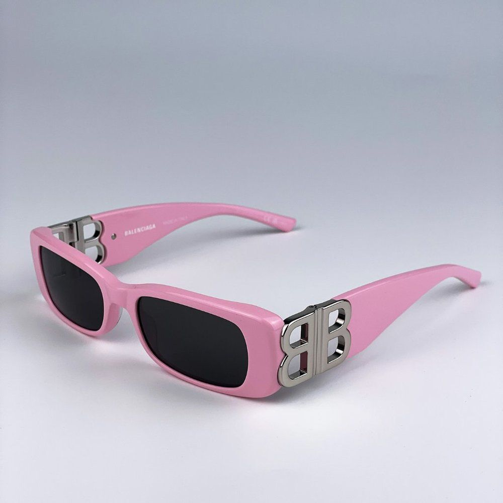 Balenciaga  BB0096S 012 Sunglasses Pink Silver Logo Grey Rectangle Unisex - Picture 9 of 12